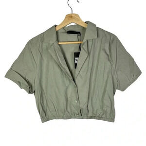 Pretty Damage Olive Green Utility Cropped Short Sleeve Button Down L